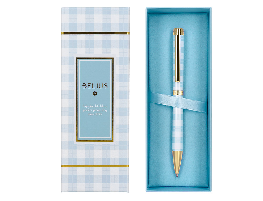 BOLIGRAFO BELIUS PERFECT PICNIC DAY ALUMINIO COLOR AZUL CELESTE DORADO TINTA AZULCAJA DE DISEO