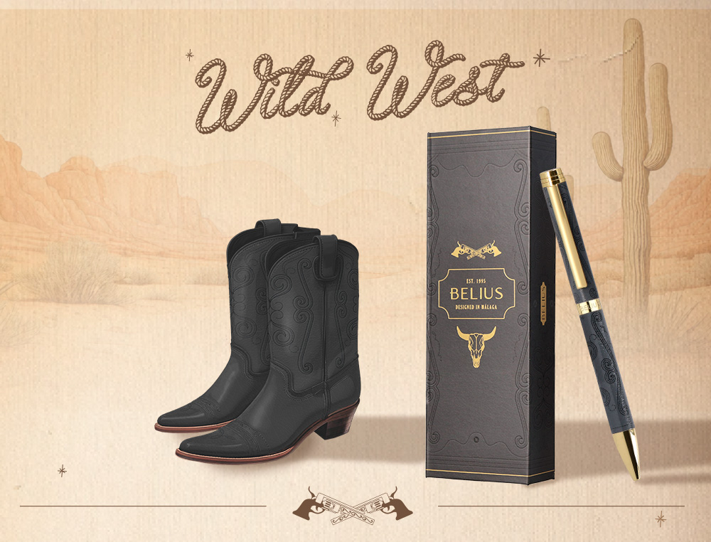 BOLIGRAFO BELIUS WILD WEST ALUMINIO COLOR NEGRO DORADO TINTA COLOR AZUL CAJA DE DISEO