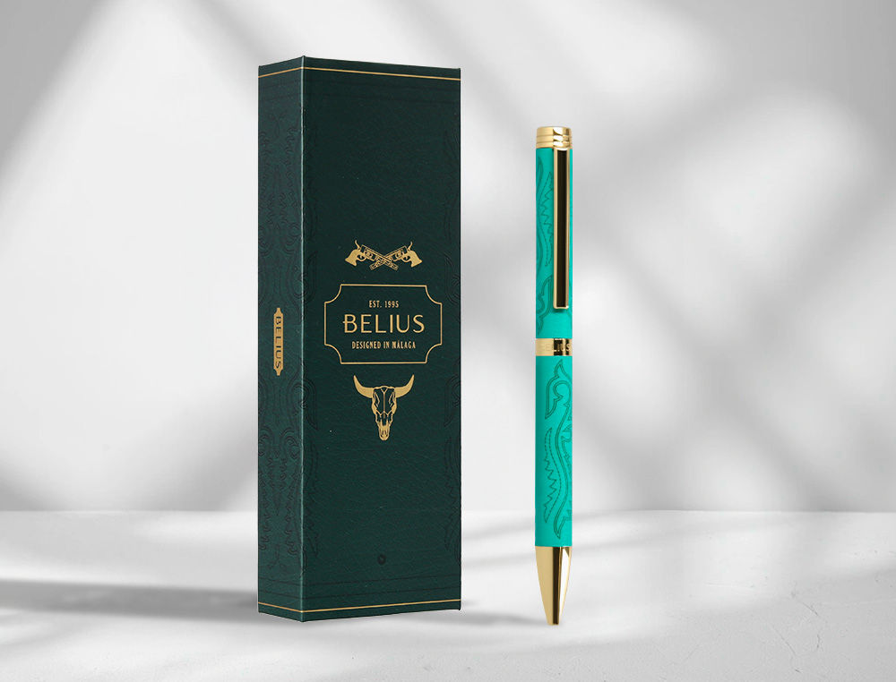 BOLIGRAFO BELIUS WILD WEST ALUMINIO COLOR VERDE TINTA COLOR AZUL CAJA DE DISEÑO