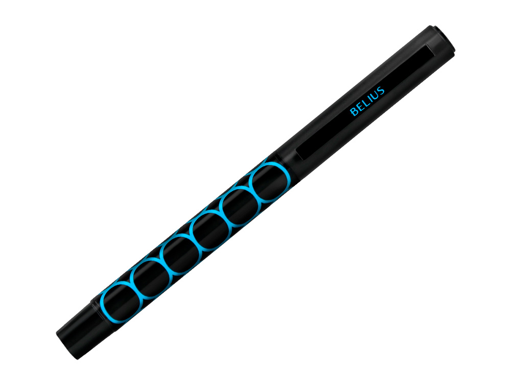 BOLIGRAFO BELIUS LEGACY ALUMINIO DISEO CIRCULOS AZUL CUERPO NEGRO TINTA COLOR AZUL CAJA DE DISEO