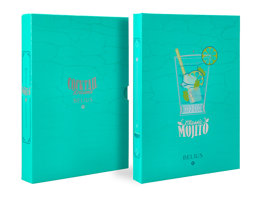 BOLIGRAFO Y WALLET BELIUS COCKTAILS MOJITO ALUMINIO VERDE PLATEADO RELIEVE TINTA COLOR AZUL CAJA DE DISEÑO