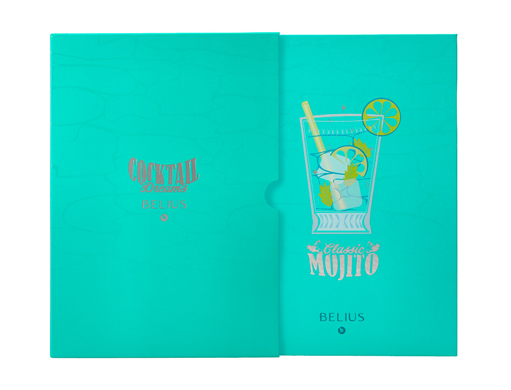 BOLIGRAFO Y WALLET BELIUS COCKTAILS MOJITO ALUMINIO VERDE PLATEADO RELIEVE TINTA COLOR AZUL CAJA DE DISEÑO