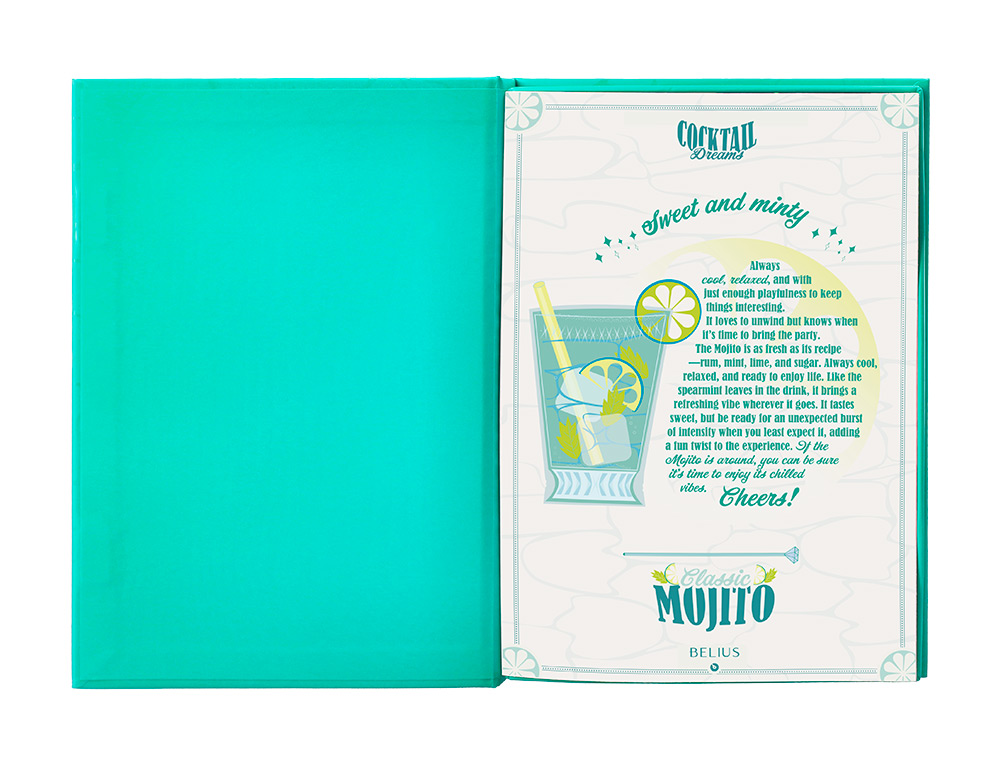 BOLIGRAFO Y WALLET BELIUS COCKTAILS MOJITO ALUMINIO VERDE PLATEADO RELIEVE TINTA COLOR AZUL CAJA DE DISEÑO