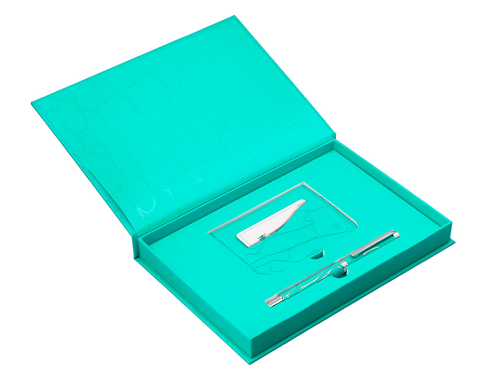 BOLIGRAFO Y WALLET BELIUS COCKTAILS MOJITO ALUMINIO VERDE PLATEADO RELIEVE TINTA COLOR AZUL CAJA DE DISEÑO