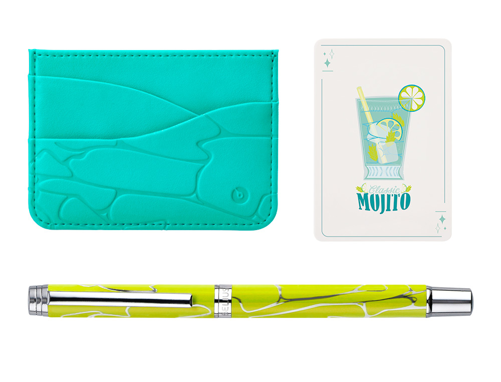 BOLIGRAFO Y WALLET BELIUS COCKTAILS MOJITO ALUMINIO VERDE PLATEADO RELIEVE TINTA COLOR AZUL CAJA DE DISEÑO