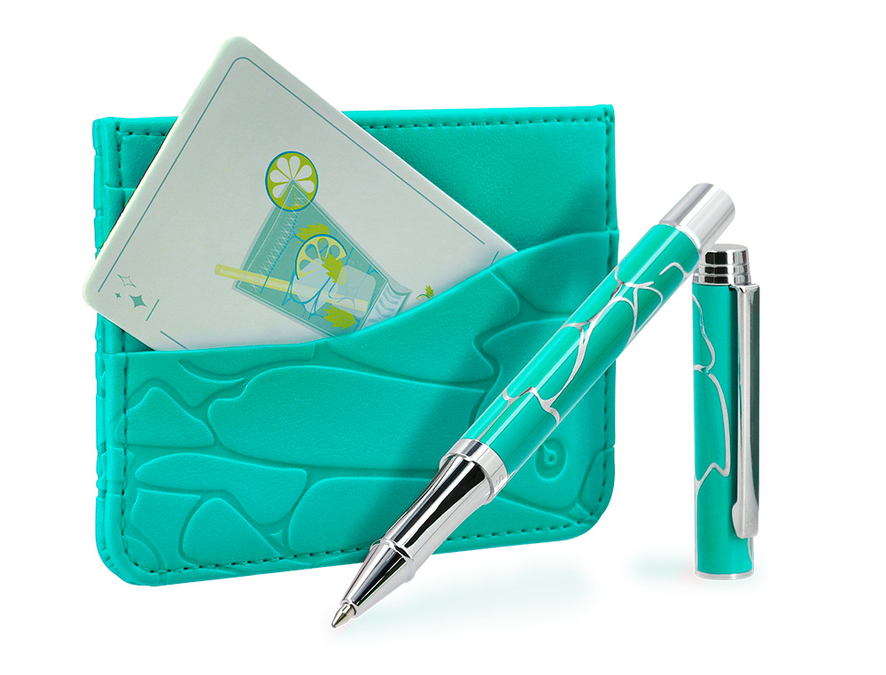 BOLIGRAFO Y WALLET BELIUS COCKTAILS MOJITO ALUMINIO VERDE PLATEADO RELIEVE TINTA COLOR AZUL CAJA DE DISEÑO