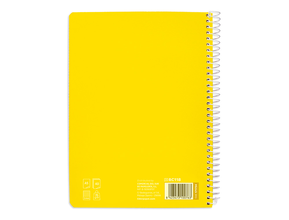 CUADERNO ESPIRAL LIDERPAPEL A5 PAUTAGUIA TAPA BLANDA 40H 75 GR CUADRO PAUTADO 5MM COLOR AMARILLO