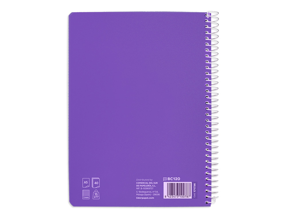 CUADERNO ESPIRAL LIDERPAPEL A5 PAUTAGUIA TAPA BLANDA 40H 75GR CUADRO PAUTADO 5MM COLOR LILA