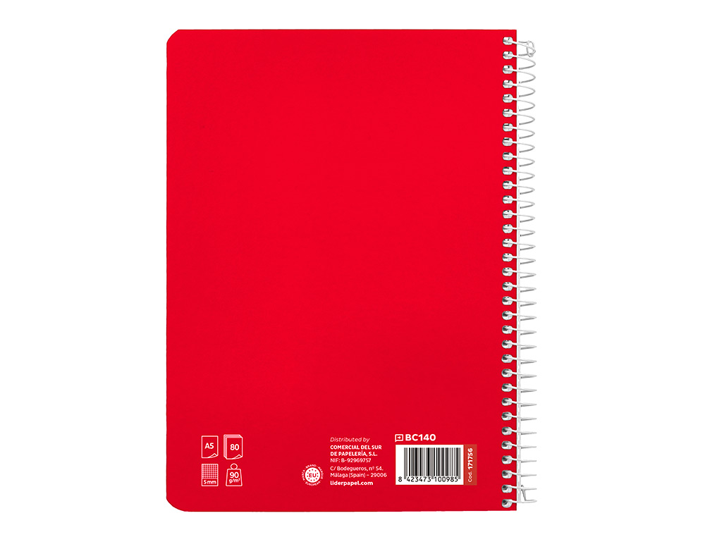CUADERNO ESPIRAL LIDERPAPEL A5 PAUTAGUIA TAPA DURA 80H 90 GR CUADRO PAUTADO 5MM COLOR ROJO