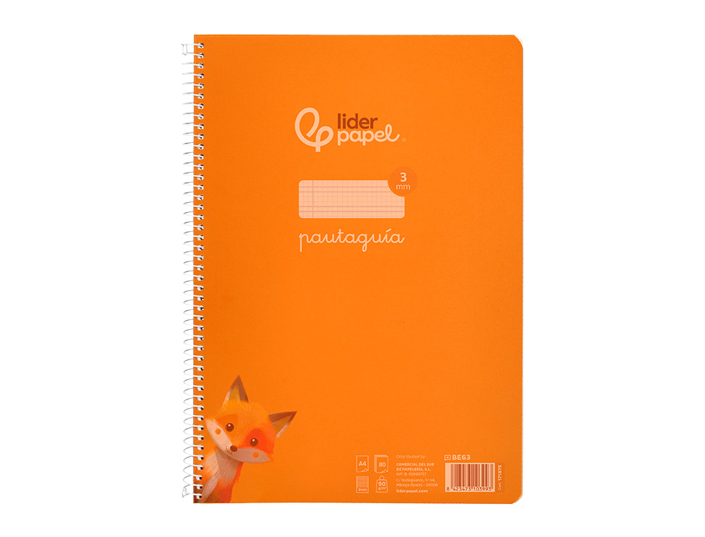 CUADERNO ESPIRAL LIDERPAPEL A4 PAUTAGUIA TAPA PLASTICO 80H 90GR CUADRO PAUTADO 3MM CON MARGEN COLOR NARANJA