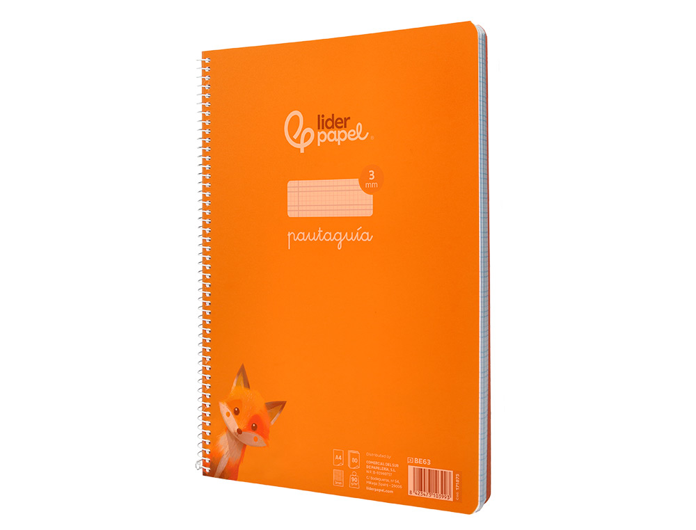 CUADERNO ESPIRAL LIDERPAPEL A4 PAUTAGUIA TAPA PLASTICO 80H 90GR CUADRO PAUTADO 3MM CON MARGEN COLOR NARANJA