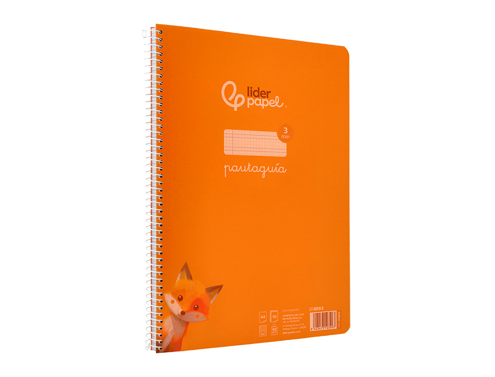 CUADERNO ESPIRAL LIDERPAPEL A4 PAUTAGUIA TAPA PLASTICO 80H 90GR CUADRO PAUTADO 3MM CON MARGEN COLOR NARANJA