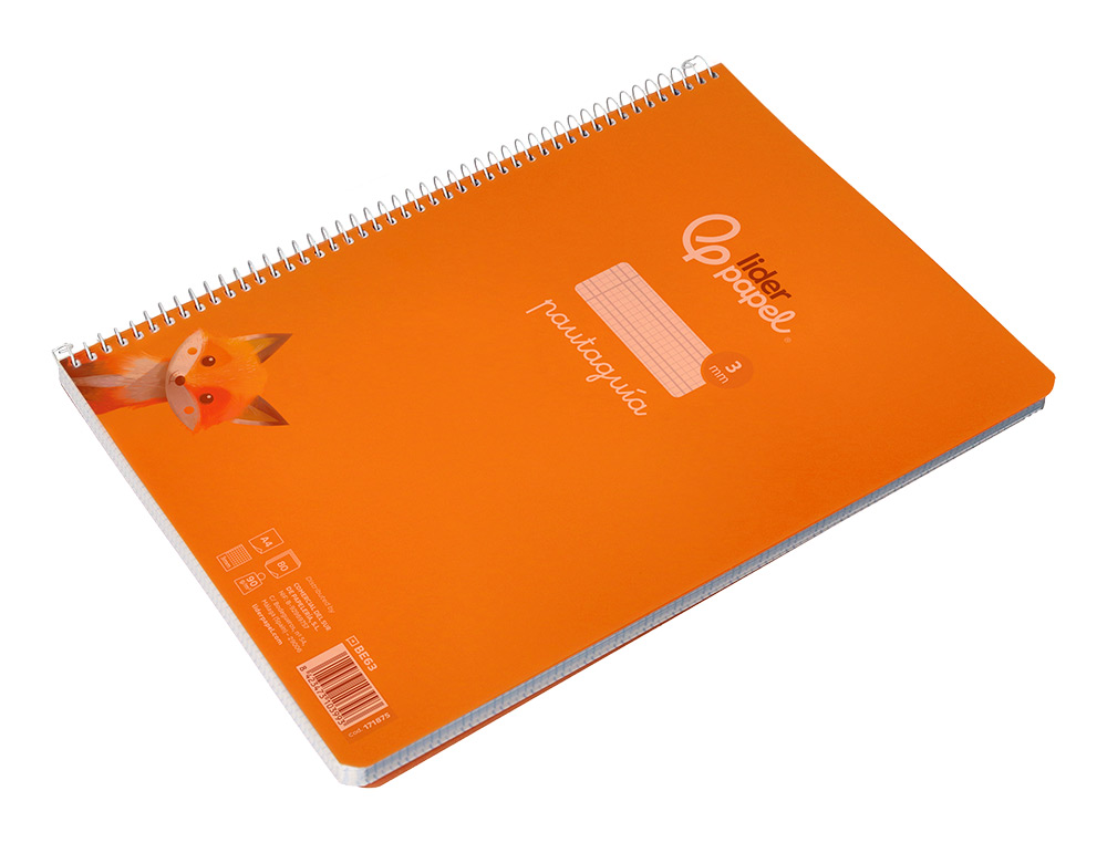 CUADERNO ESPIRAL LIDERPAPEL A4 PAUTAGUIA TAPA PLASTICO 80H 90GR CUADRO PAUTADO 3MM CON MARGEN COLOR NARANJA