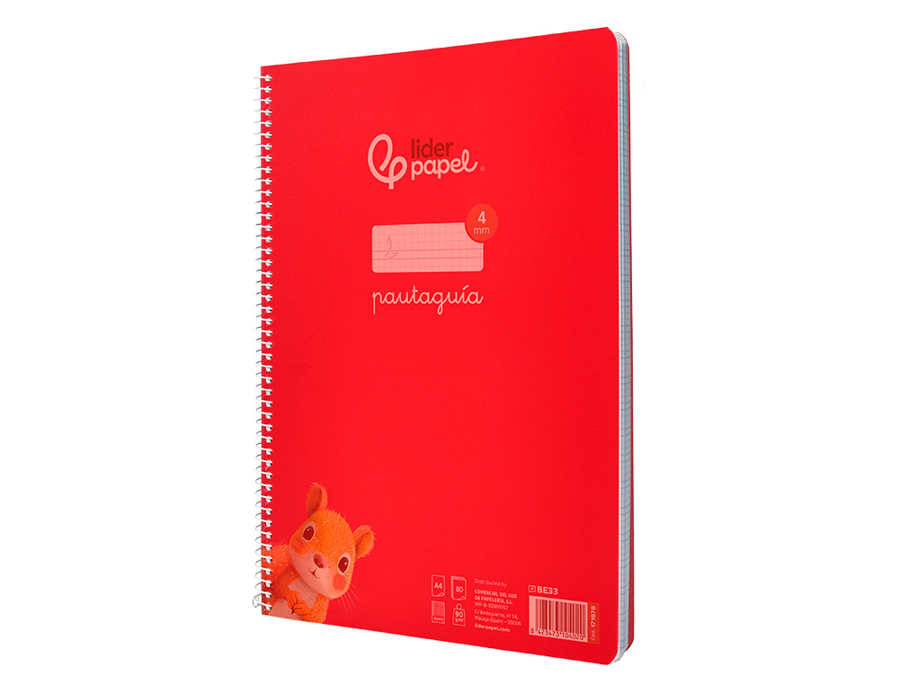 CUADERNO ESPIRAL LIDERPAPEL A4 PAUTAGUIA TAPA PLASTICO 80H 90GR CUADRO PAUTADO 4MM CON MARGEN COLOR ROJO