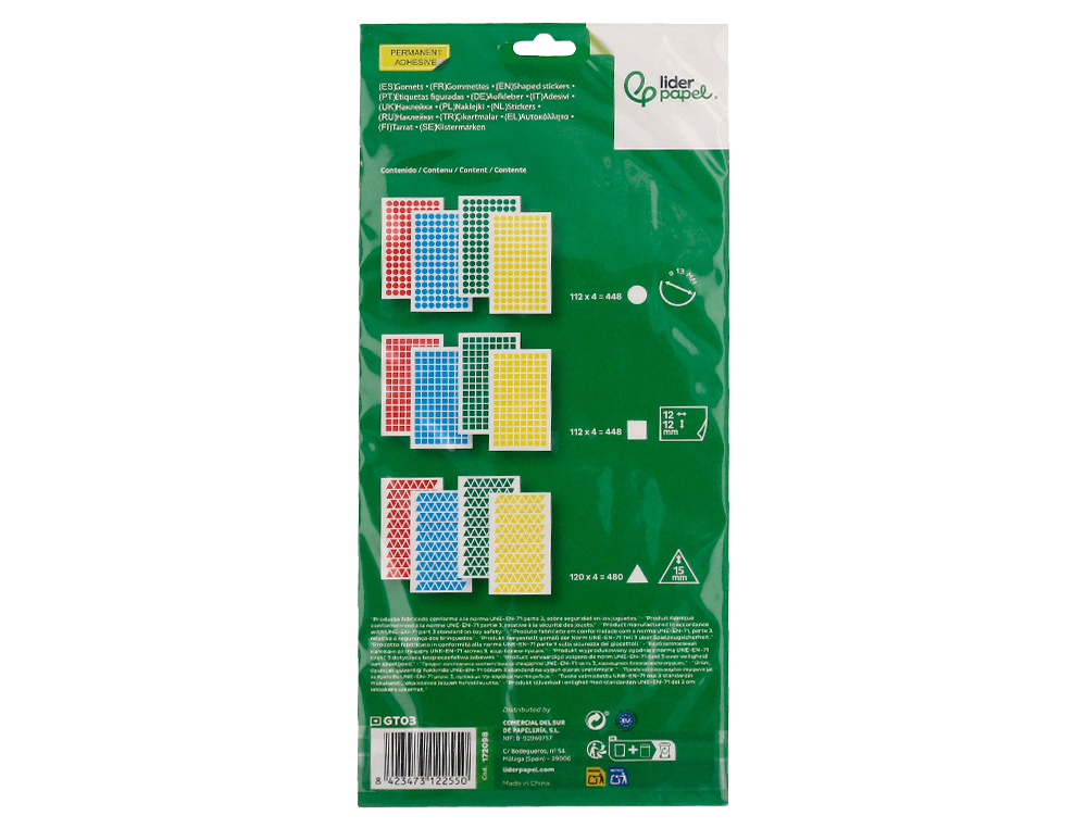 GOMETS LIDERPAPEL FIGURAS SURTIDAS BOLSA DE 12 HOJAS FIGURAS GEOMETRICAS PEQUEAS COLORES SURTIDOS