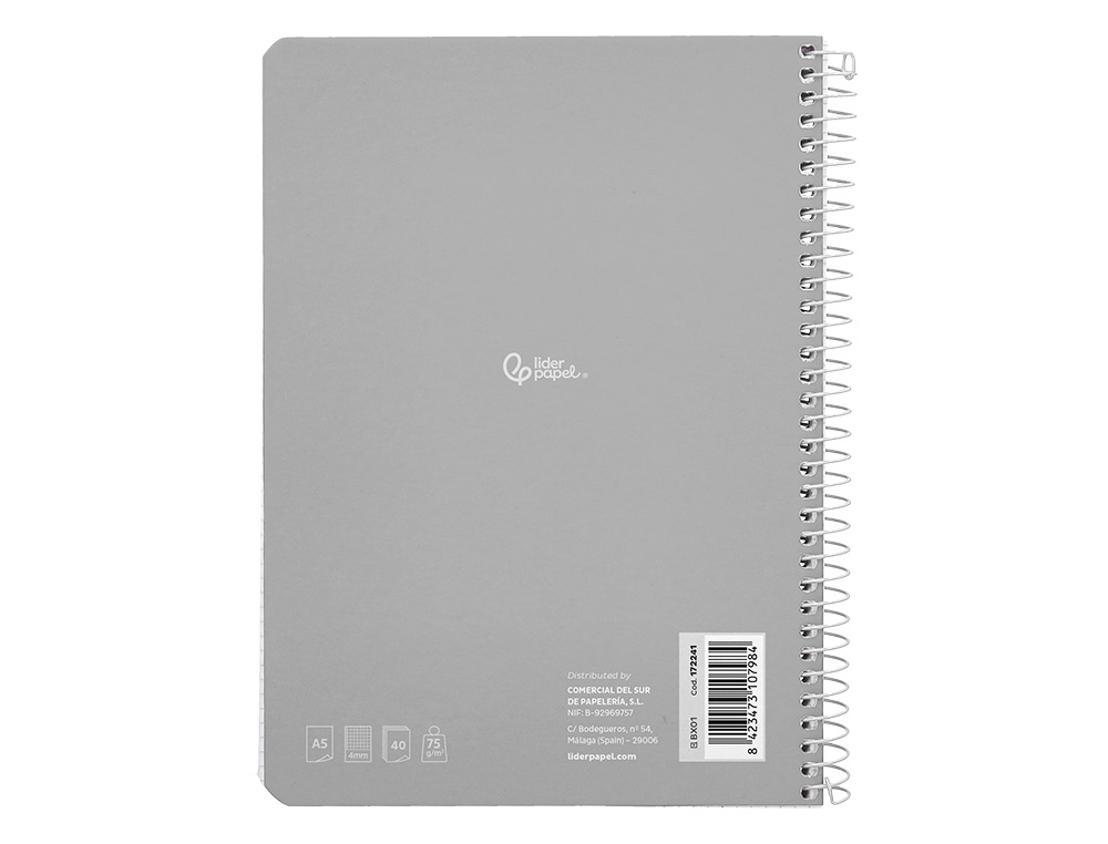 CUADERNO ESPIRAL LIDERPAPEL A5 SMART TAPA BLANDA 40H 75GR CUADRO 4MM CON MARGEN COLORES SURTIDOS