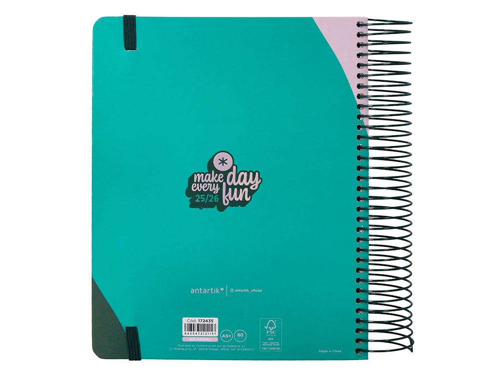AGENDA ESCOLAR ANTARTIK 25-26 ESPIRAL FUN DAY TURQUESA DIA PAGINA A5 BILINGÜE PAPEL FSC 80 GR