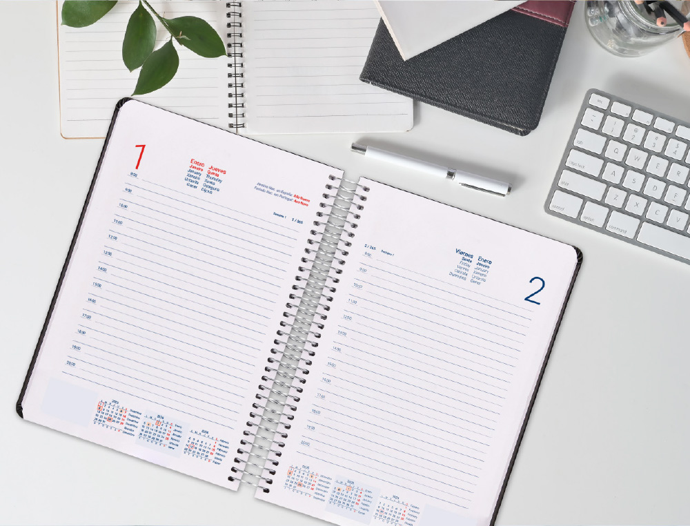 AGENDA ESPIRAL LIDERPAPEL OLBIA A5 2026 DIA PAGINA NEGRO PAPEL 60 GR FSC