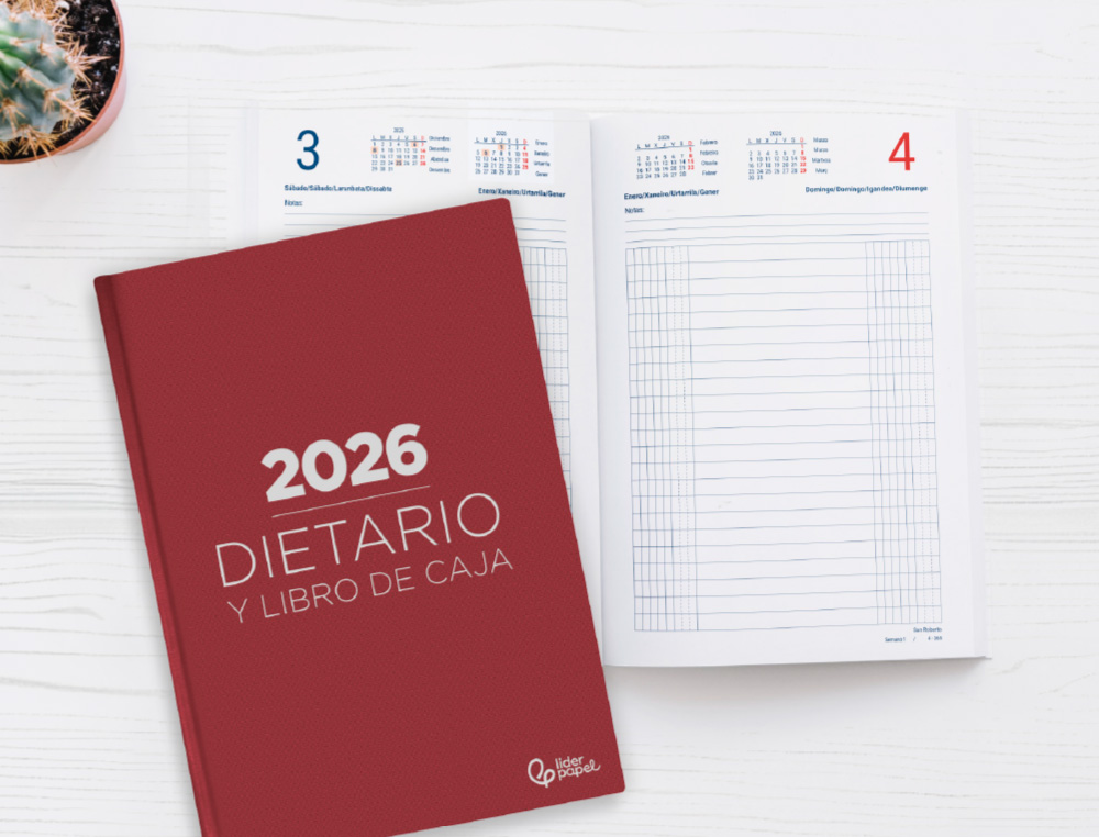 DIETARIO LIDERPAPEL 2026 CUARTO 150X215 MM DIA PAGINA COLOR ROJO PAPEL 70 GR FSC