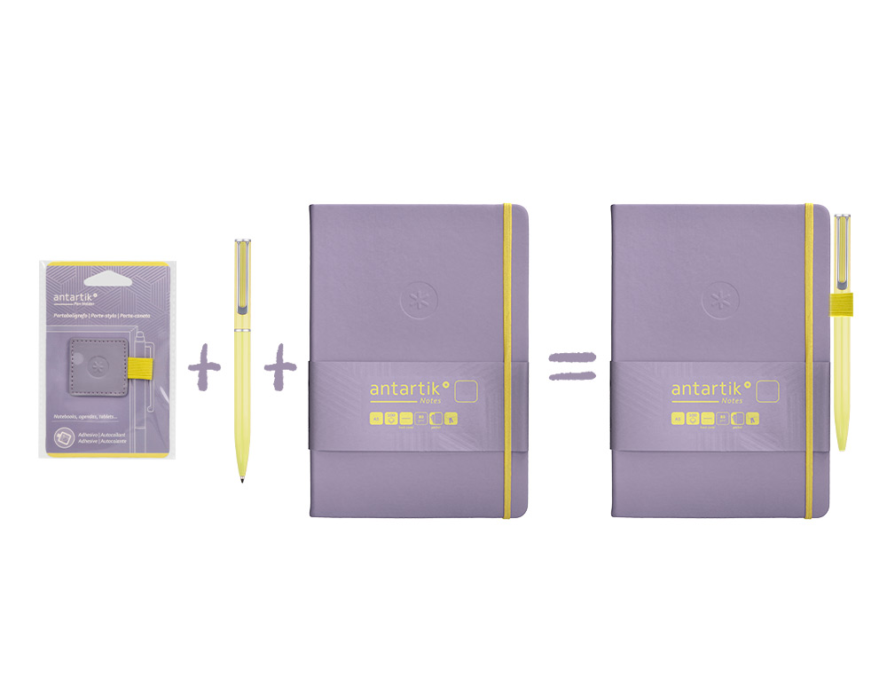 PORTABOLIGRAFO AUTOADHESIVO ANTARTIK PARA CUADERNO NOTE CON ELASTICO HASTA 15 MM GROSOR 80 MM MORADO Y AMARILLO
