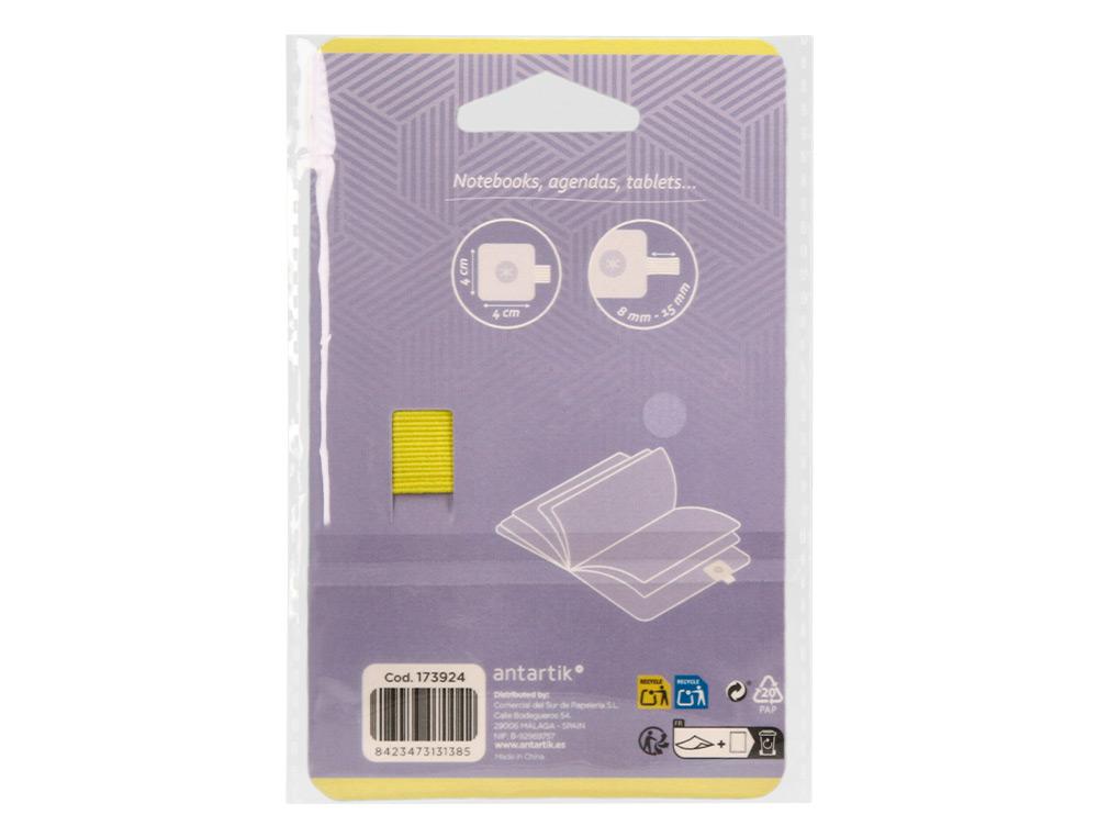 PORTABOLIGRAFO AUTOADHESIVO ANTARTIK PARA CUADERNO NOTE CON ELASTICO HASTA 15 MM GROSOR 80 MM MORADO Y AMARILLO