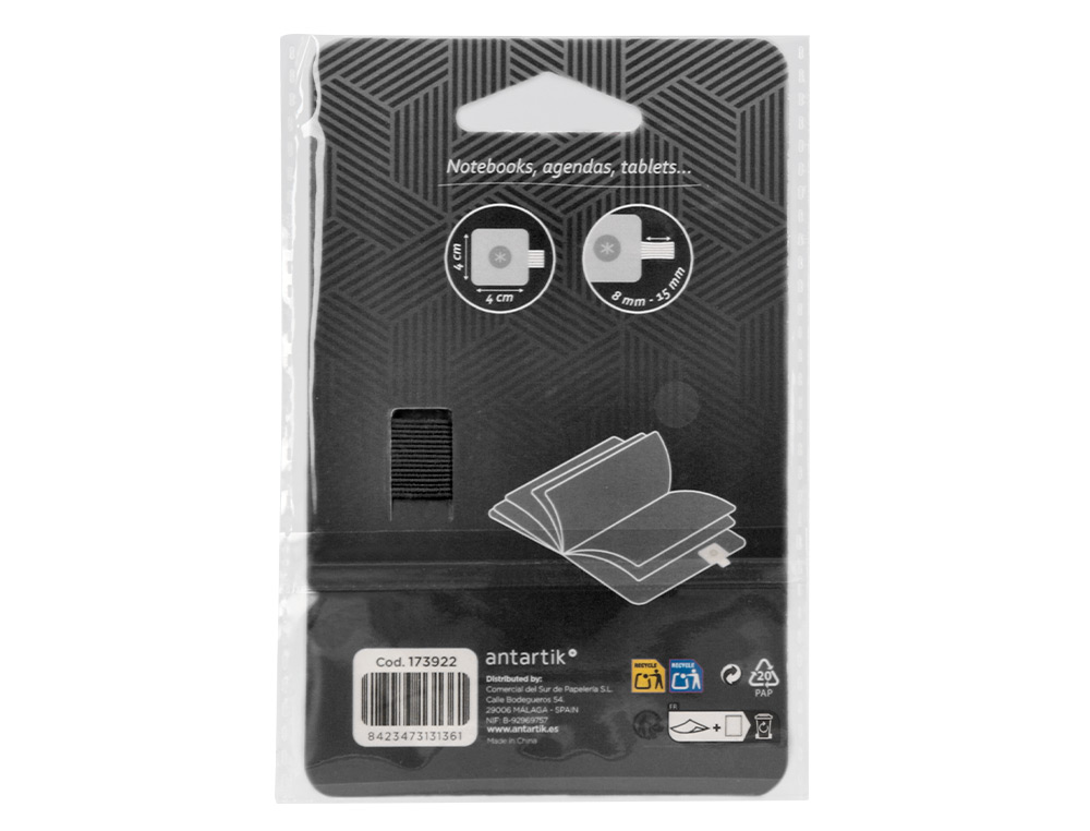 PORTABOLIGRAFO AUTOADHESIVO ANTARTIK PARA CUADERNO NOTE CON ELASTICO HASTA 15 MM GROSOR 80 MM NEGRO