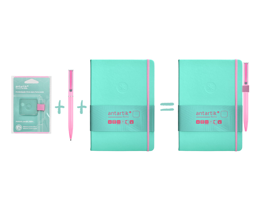 PORTABOLIGRAFO AUTOADHESIVO ANTARTIK PARA CUADERNO NOTE CON ELASTICO HASTA 15 MM GROSOR 80 MM TURQUESA Y ROSA
