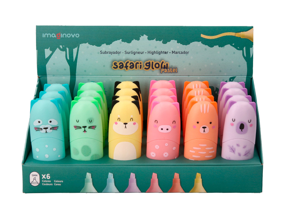 ROTULADOR IMAGINOVO FLUORESCENTE SAFARI GLOW PASTEL ANIMALES EXPOSITOR DE 24 UNIDADES SURTIDAS