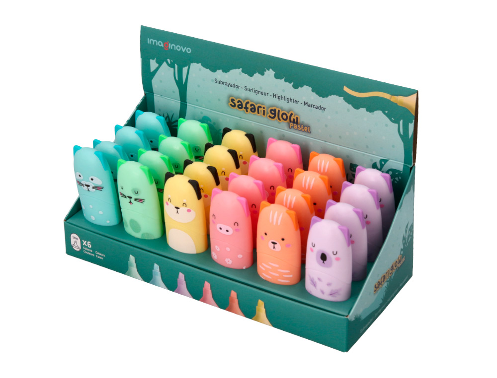 ROTULADOR IMAGINOVO FLUORESCENTE SAFARI GLOW PASTEL ANIMALES EXPOSITOR DE 24 UNIDADES SURTIDAS
