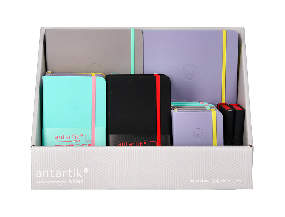 CUADERNO CON GOMILLA ANTARTIK NOTE TAPA DURA BICOLOR A5/A6/A7 EXPOSITOR DE 20 UNIDADES SURTIDAS