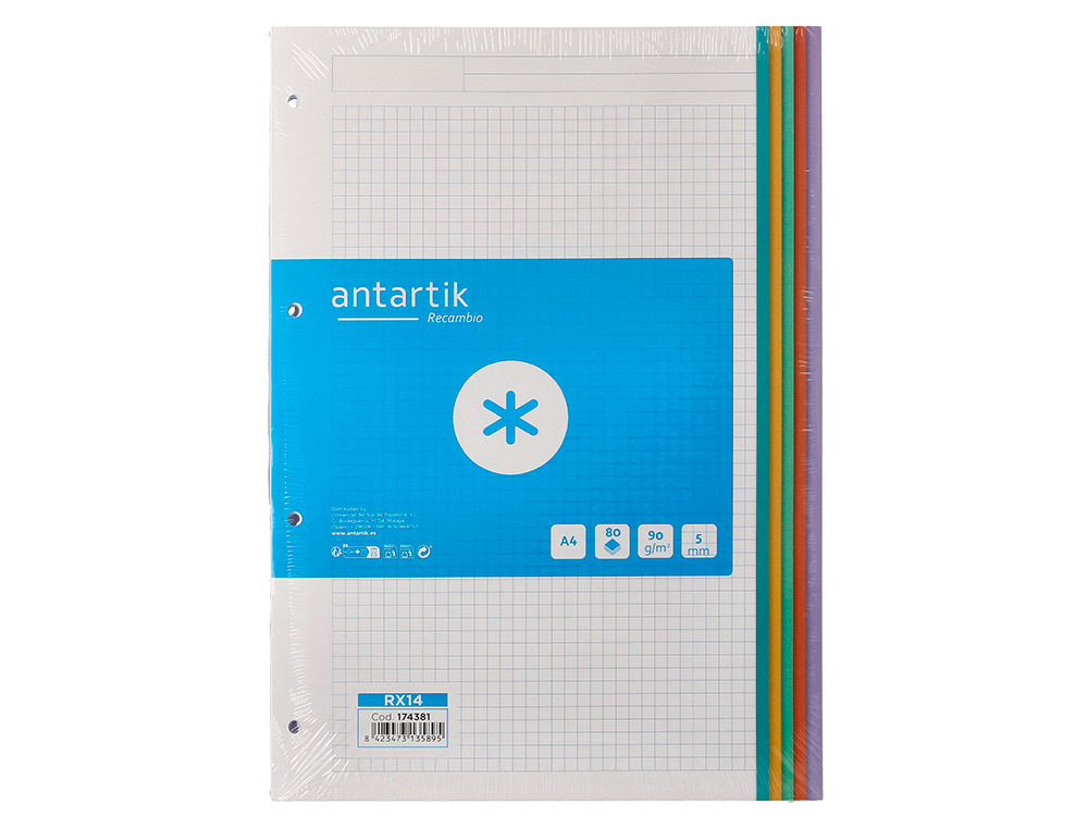 RECAMBIO A4 ANTARTIK 80 HOJAS 90G/M2 CUADRO 5 MM 4 TALADROS BANDAS DE 5 COLORES PASTELES