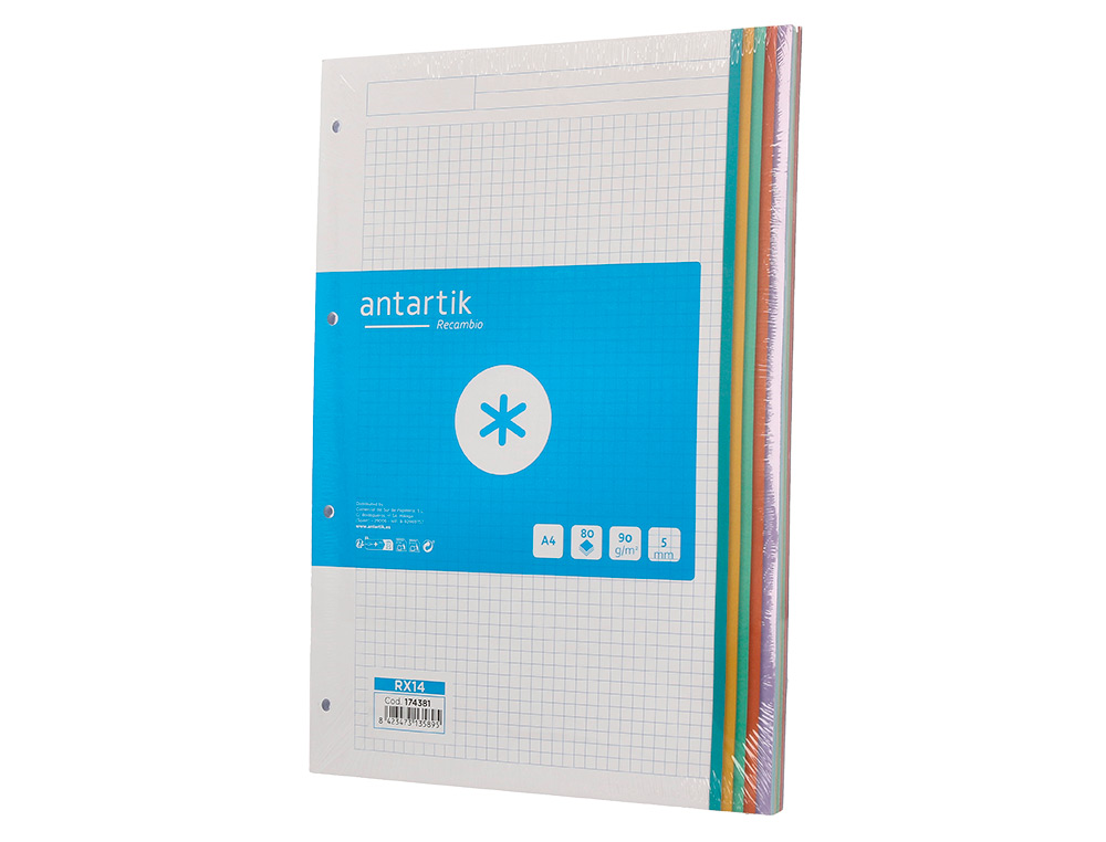 RECAMBIO A4 ANTARTIK 80 HOJAS 90G/M2 CUADRO 5 MM 4 TALADROS BANDAS DE 5 COLORES PASTELES