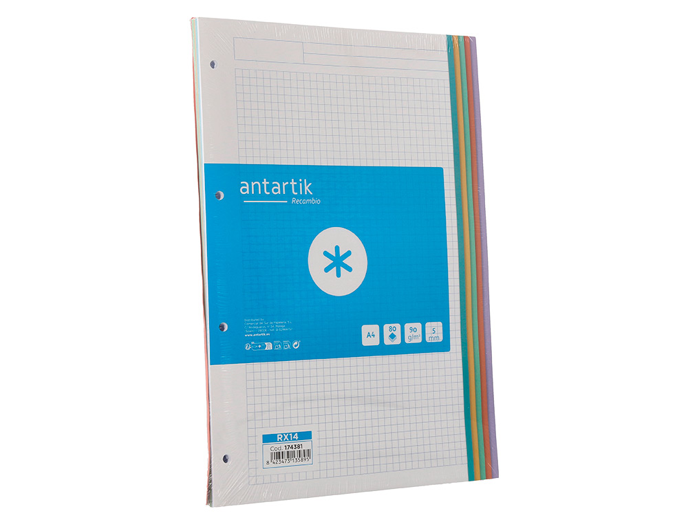 RECAMBIO A4 ANTARTIK 80 HOJAS 90G/M2 CUADRO 5 MM 4 TALADROS BANDAS DE 5 COLORES PASTELES