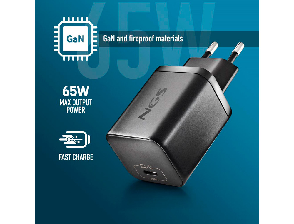 CARGADOR GAN NGS DE PARED ULTRARAPIDO PARA PORTATIL DE 65W CON SALIDA TIPO USB-C Y CABLE USB-C A USB-C LONGITUD