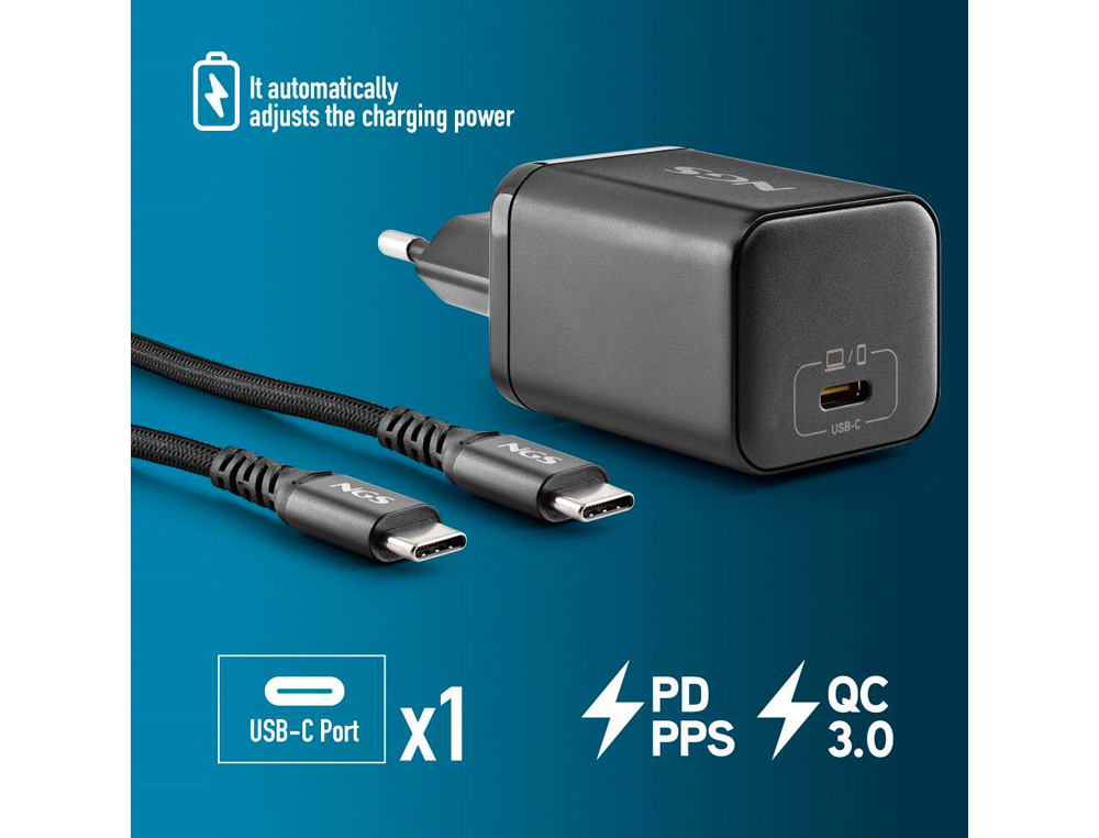 CARGADOR GAN NGS DE PARED ULTRARAPIDO PARA PORTATIL DE 65W CON SALIDA TIPO USB-C Y CABLE USB-C A USB-C LONGITUD