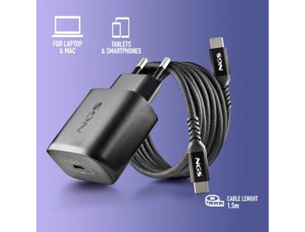CARGADOR GAN NGS DE PARED ULTRARAPIDO PARA PORTATIL DE 65W CON SALIDA TIPO USB-C Y CABLE USB-C A USB-C LONGITUD