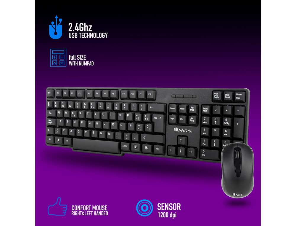 SET TECLADO Y RATON NGS INALAMBRICOS 2.4GHZ USB COLOR NEGRO