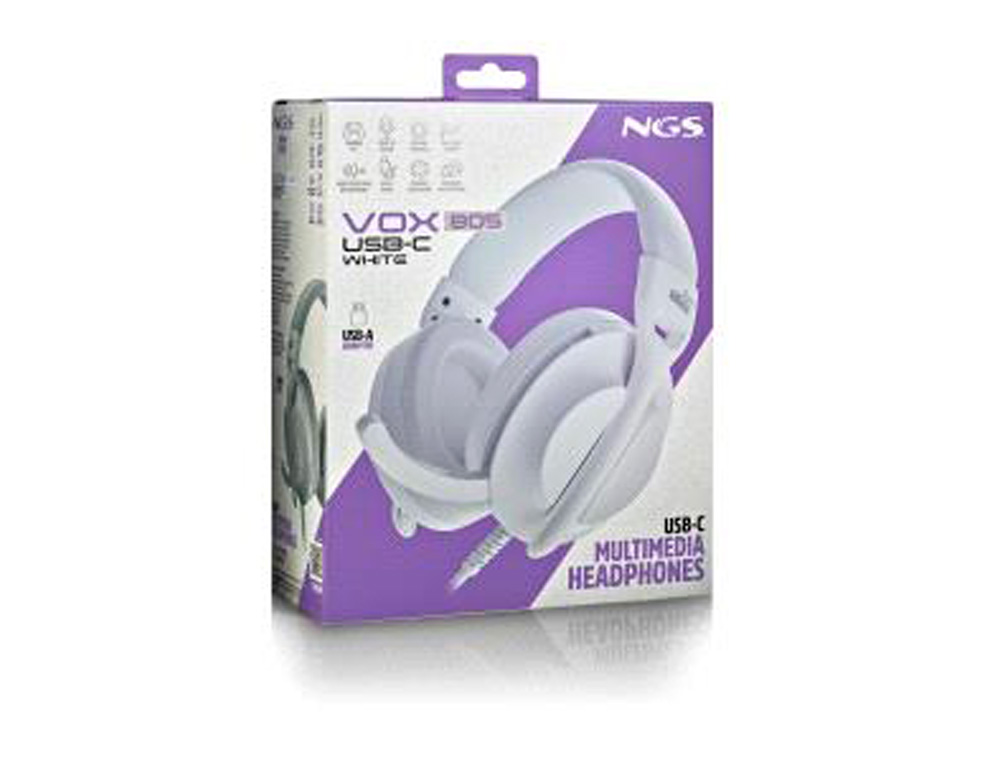 AURICULARES NGS VOX805 CON CABLE ESTEREO USB-C CON CONTROL DE VOLUMEN Y ADAPTADOR USB COLOR BLANCO