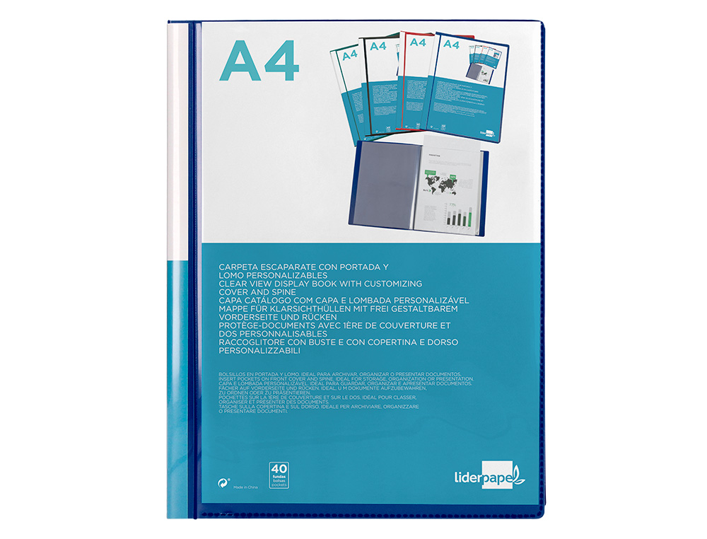 CARPETA LIDERPAPEL PERSONALIZA 37732 40 FUNDAS CANGURO POLIPROPILENO DIN A4 AZUL PORTADA Y LOMO PERSONALIZABLE