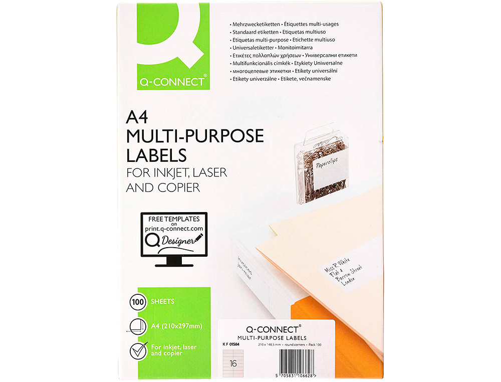 ETIQUETA ADHESIVA Q-CONNECT KF01584 TAMAÑO 99,1X33,9 MM FOTOCOPIADORA LASER INK-JET CAJA CON 100 HOJAS DIN A4