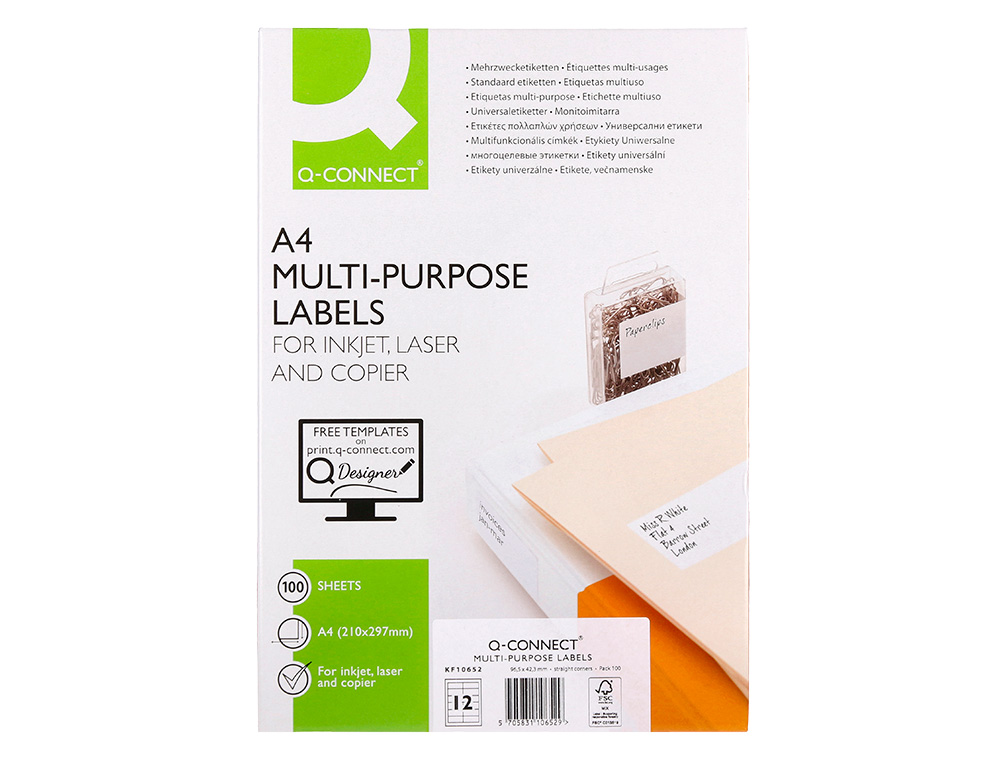 ETIQUETA ADHESIVA Q-CONNECT KF10652 TAMAO 96,5X42,3 MM FOTOCOPIADORA LASER INK-JET CAJA CON 100 HOJAS DIN A4