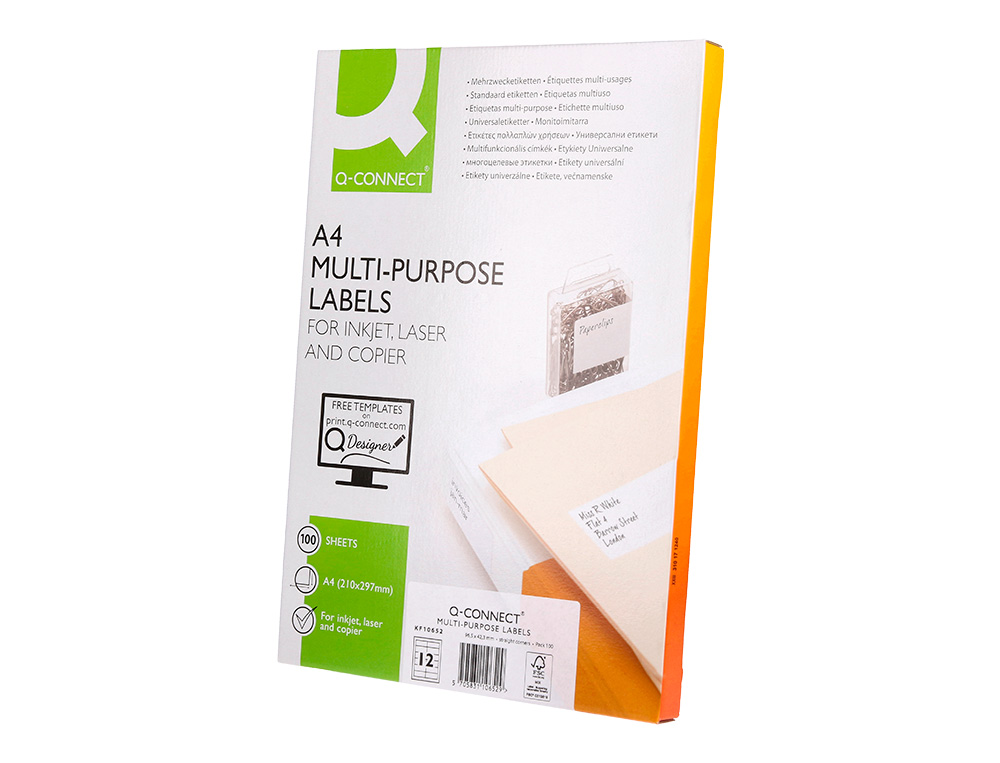ETIQUETA ADHESIVA Q-CONNECT KF10652 TAMAO 96,5X42,3 MM FOTOCOPIADORA LASER INK-JET CAJA CON 100 HOJAS DIN A4