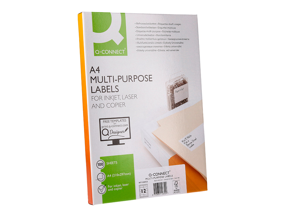 ETIQUETA ADHESIVA Q-CONNECT KF10652 TAMAO 96,5X42,3 MM FOTOCOPIADORA LASER INK-JET CAJA CON 100 HOJAS DIN A4