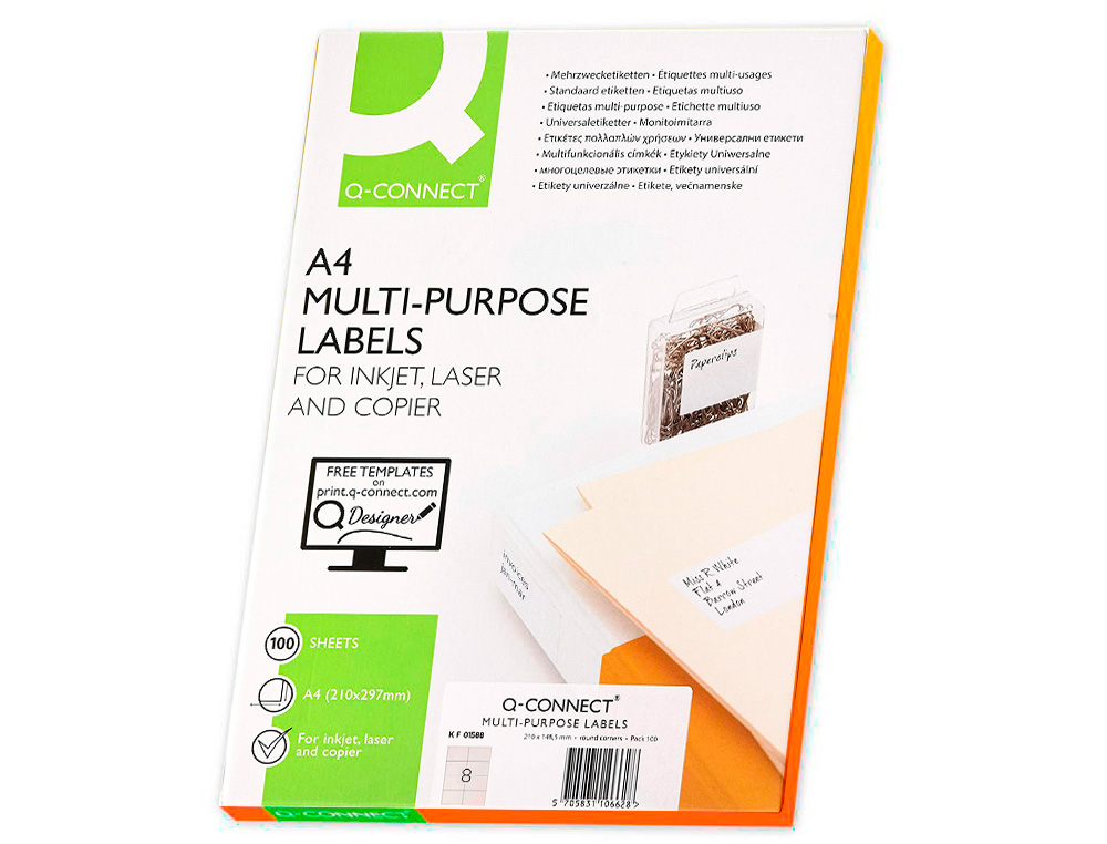 ETIQUETA ADHESIVA Q-CONNECT KF01588 TAMAÑO 99,1X67,7 MM FOTOCOPIADORA LASER INK-JET CAJA CON 100 HOJAS DIN A4