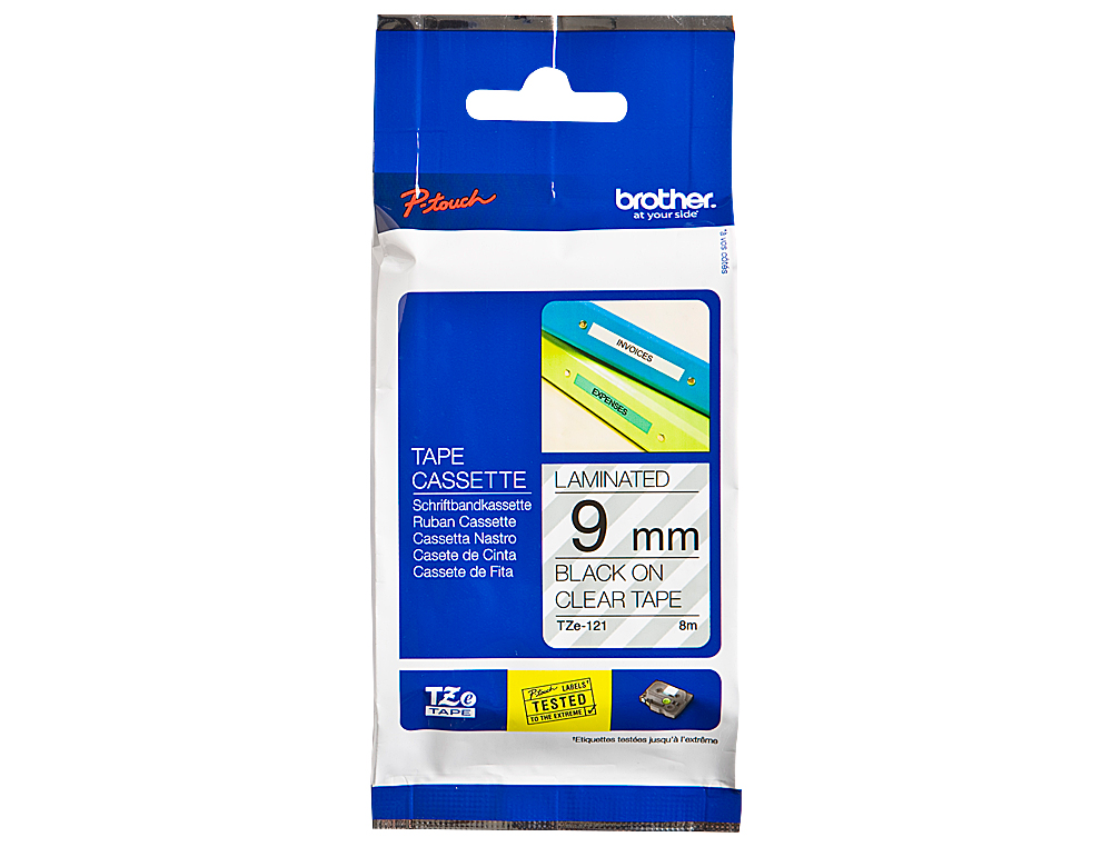 CINTA BROTHER TZE121 TRANSPARENTE-NEGRO 9MM LONGITUD 8 MT