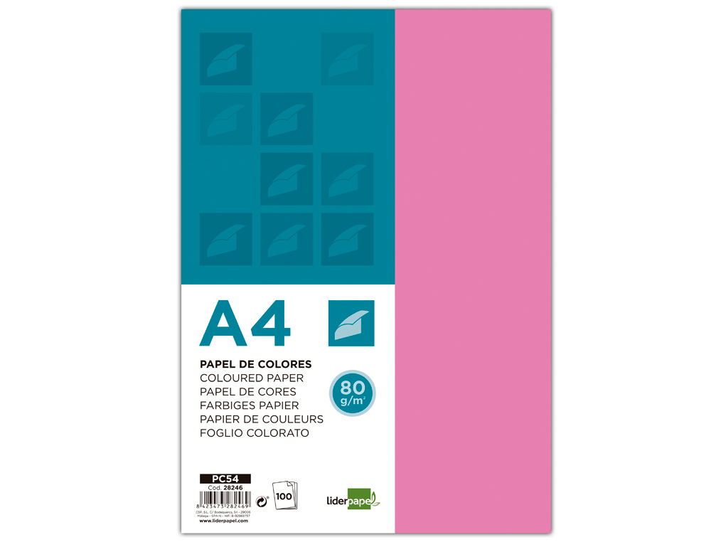 PAPEL COLOR LIDERPAPEL A4 80GR ROSA PAQUETE DE 100 HOJAS