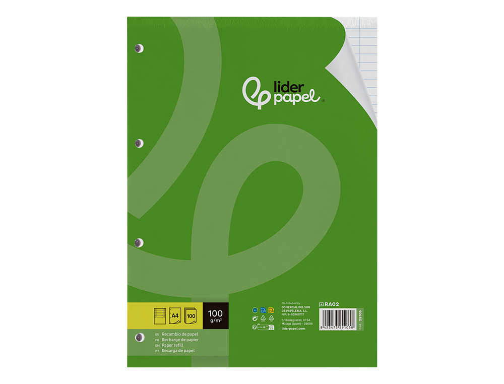 RECAMBIO LIDERPAPEL A4 100 HOJAS 100GR HORIZONTAL CON DOBLE MARGEN 4 TALADROS