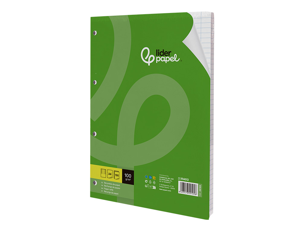 RECAMBIO LIDERPAPEL A4 100 HOJAS 100GR HORIZONTAL CON DOBLE MARGEN 4 TALADROS