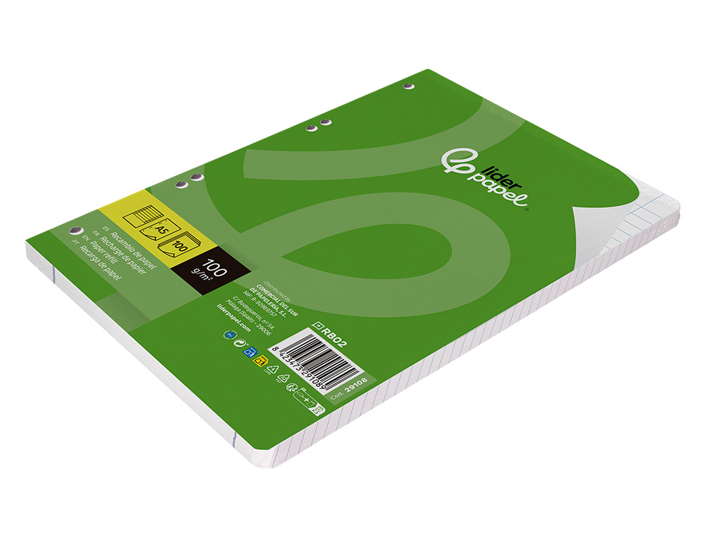 RECAMBIO LIDERPAPEL A5 100 H 100GR HORIZONTAL DOBLE MARGEN 6 TALADROS