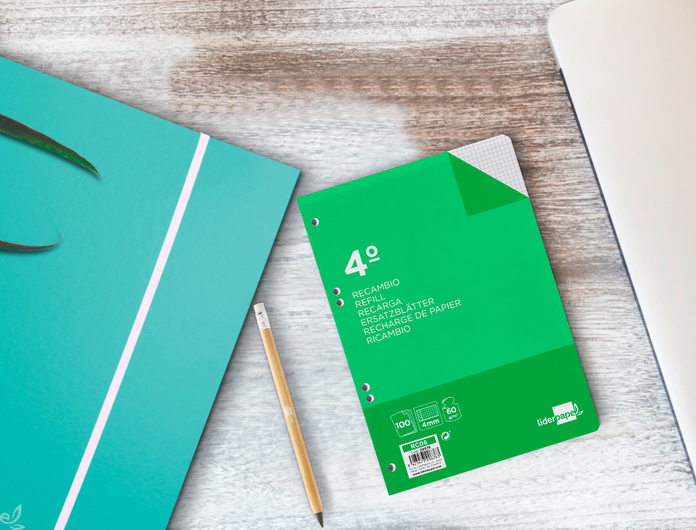 RECAMBIO LIDERPAPEL CUARTO 100 HOJAS 60GR CUADRO 4MM CON MARGEN 6 TALADROS